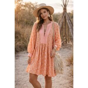 Aofur Embroidered Dress Pink and Sherbert M Like New Cotton Blend